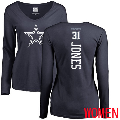 Women Dallas Cowboys Navy Blue Byron Jones Backer Slim Fit #31 Long Sleeve Nike NFL T Shirt